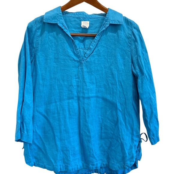 Sigrid Olsen 100% Linen Tunic Women Medium Blue Long Sleeve Boho Pullover Top - Picture 2 of 6